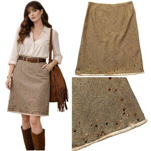VTG 90s NEW Tahari Tweed Wool Blend Skirt Fur Hem Pepple Accents Camel Boho Chic